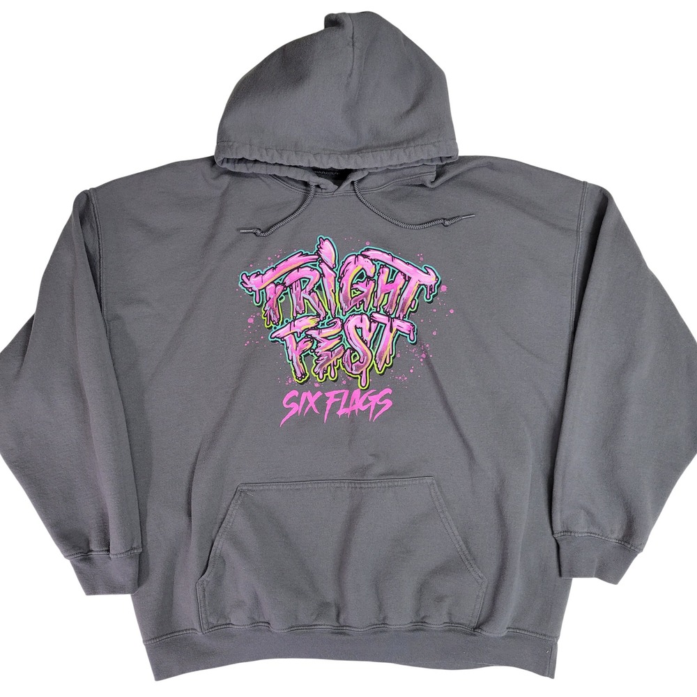 Six Flags Fright Fest Halloween Horror Graphic Hoodie Sweatshirt 2XL‎ Gray